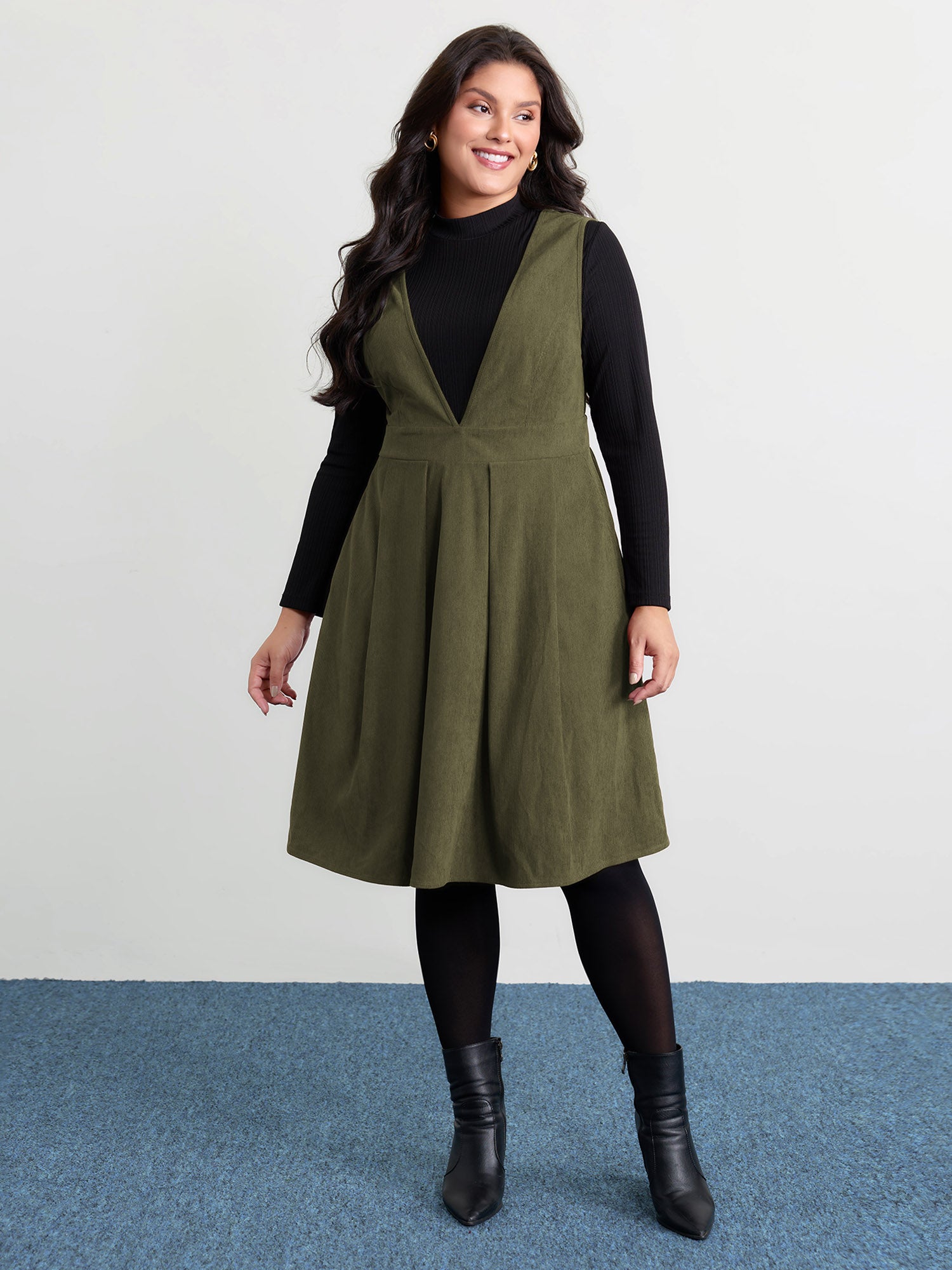 Corduroy Stretchy Waist V-Neck Mini Dress
