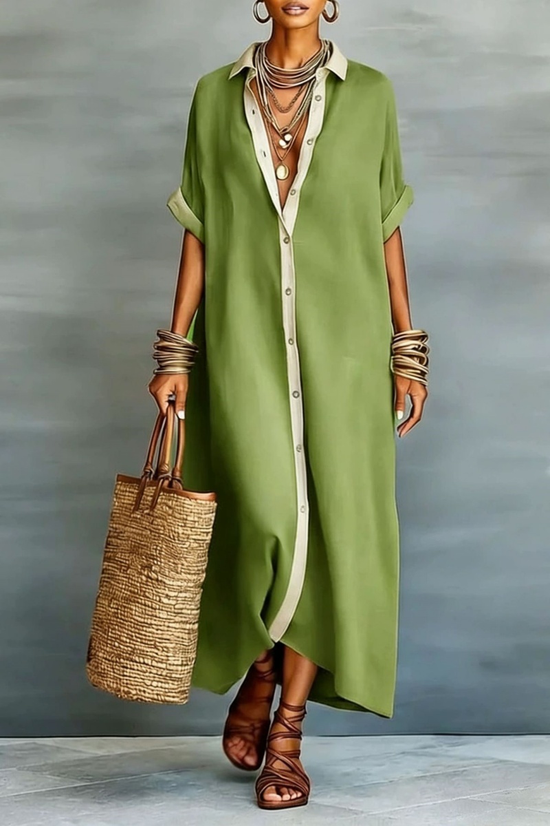 Women's Minimalist Linen Blend Short-sleeved Shirt Maxi Dress