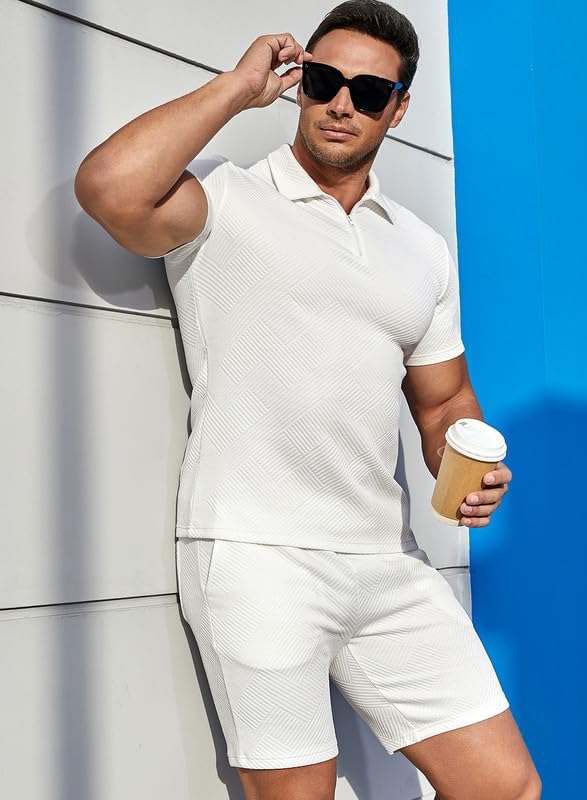 Men's Polo Shirt and Shorts Set Soild Color Geometric Texture Casual Short Sleeve 2 Piece Outfits Sweatsuits Summer