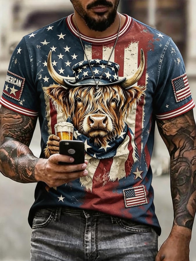 Men's American Flag Yak Print Short-sleeved T-shirt