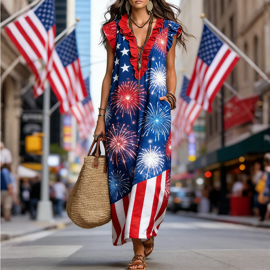 Women's Patriotic Fireworks American Flag Gradient Ruffled Maxi Dress