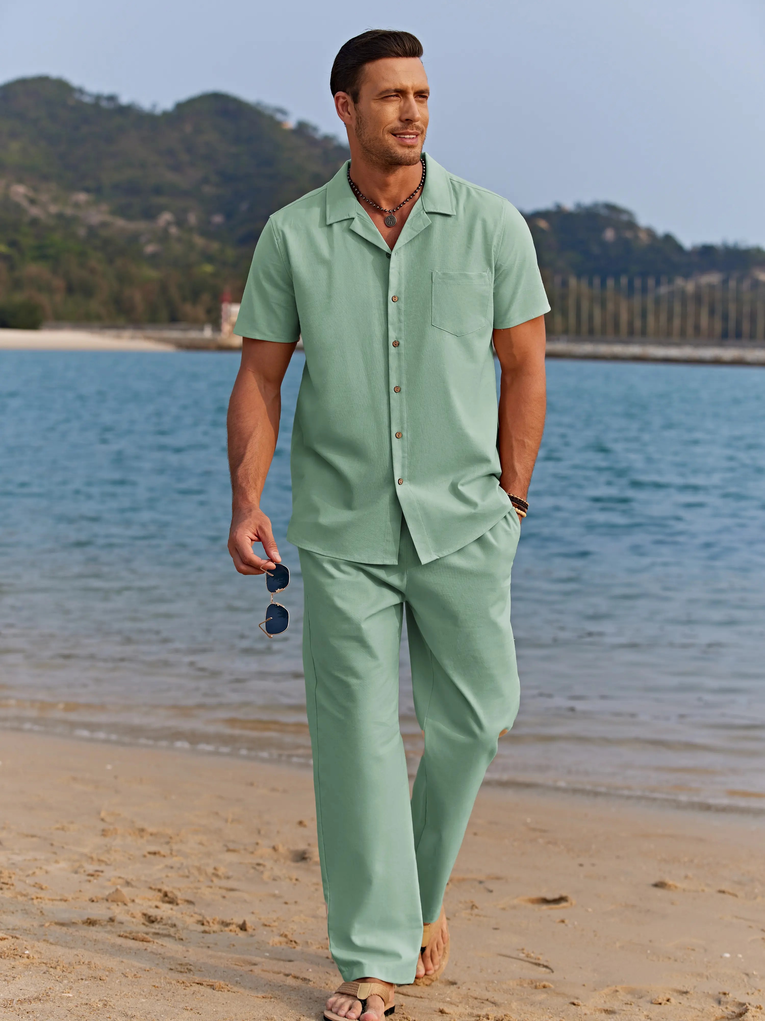 Men's 2-Pack Linen Beach Set – Camp Collar Button Down Shirt & Loose Drawstring Pants, Breathable Summer Outfit