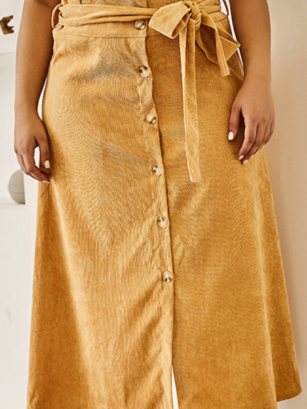 Plus Size Slim High Waist Corduroy Belt Single Breasted A Line Skirt
