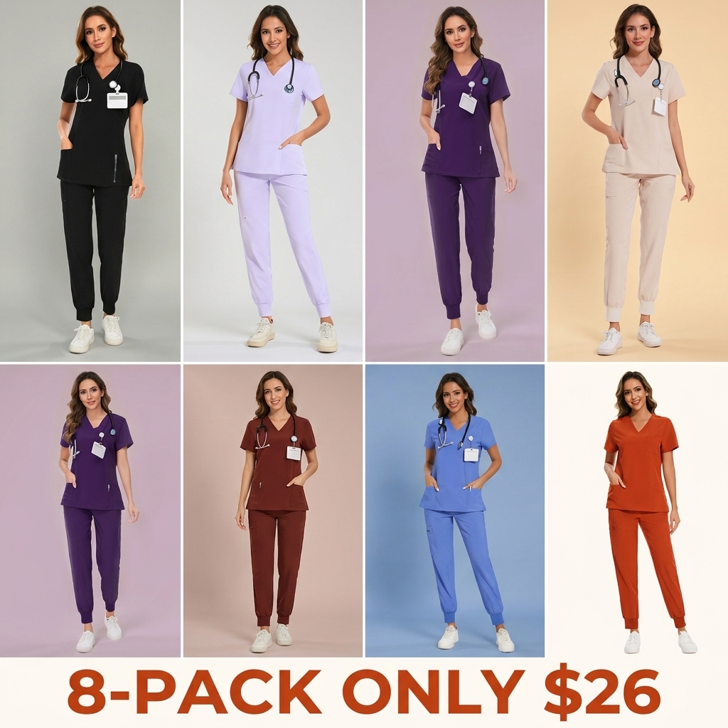 Women's Set — Stretch V-Neck Scrub Top and Jogger-Style Scrub Pants (8 Pockets)