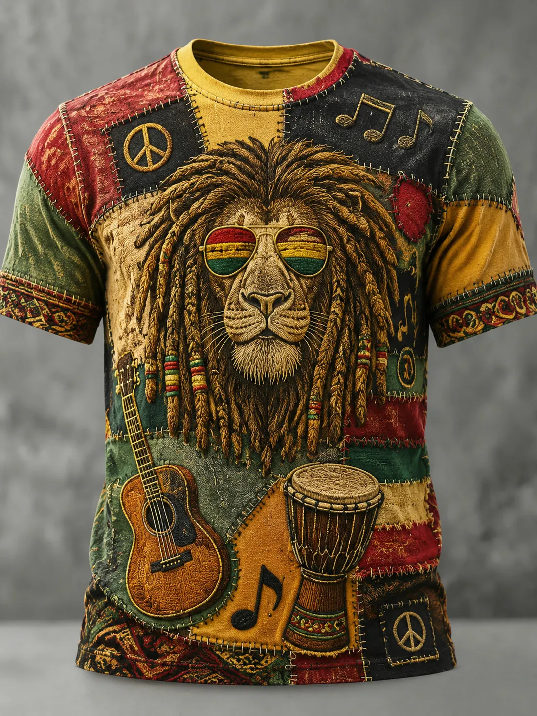 Men's Patchwork Lion Sunglasses Reggae Instrument Peace Sign Vintage Print T-Shirt