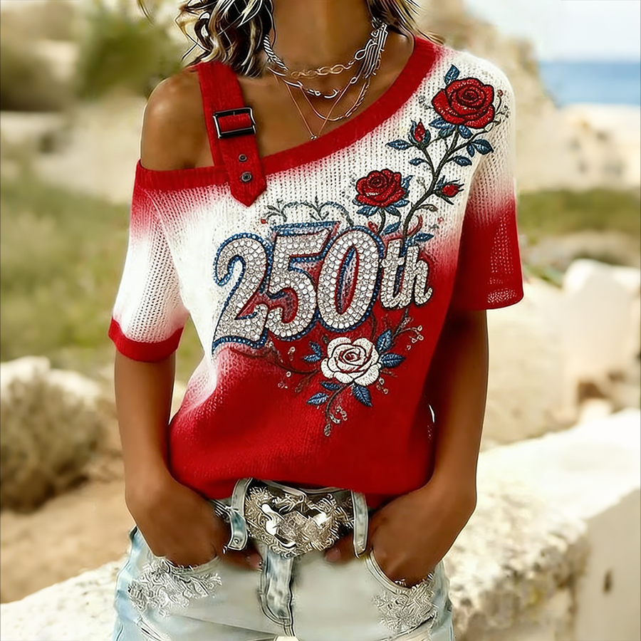Women'S Casual US National Day Flag Flower Shoulder T-Shirt