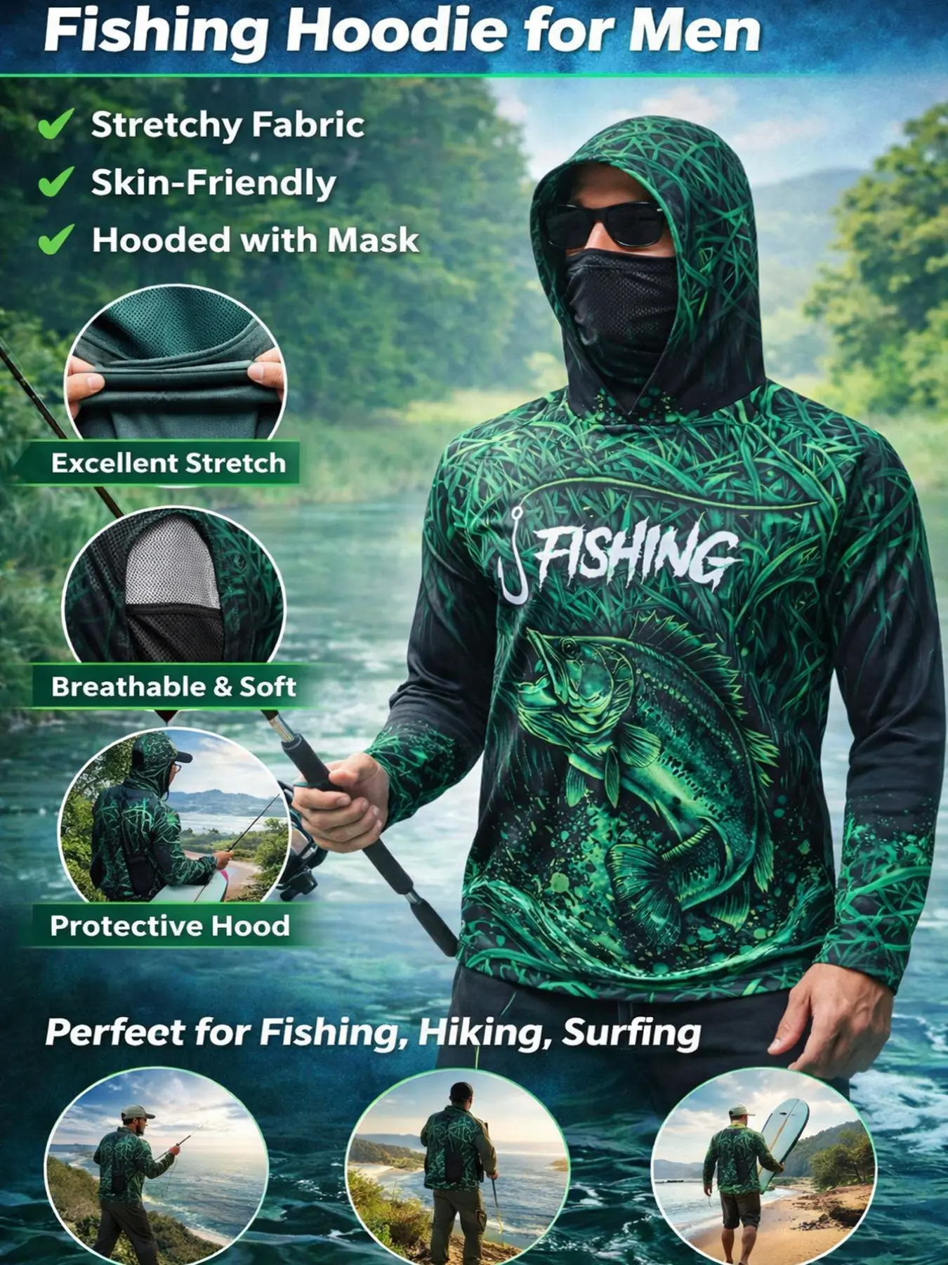 Men's Long Sleeve Hooded Fishing Shirt with Face Mask