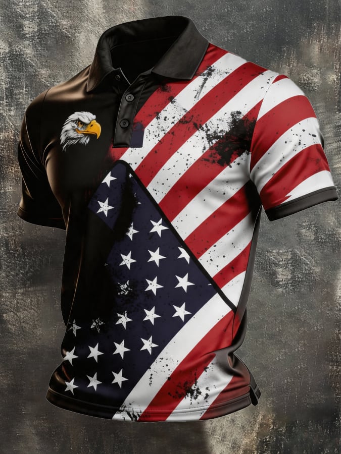 Men's Retro Patriotic Color-Block Short-Sleeve Polo Shirt
