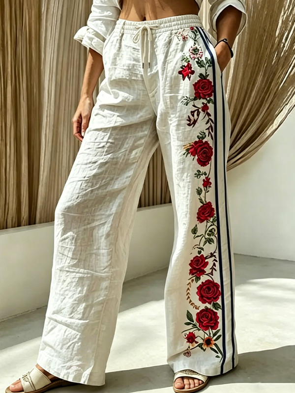 Women's Rose Vines Print Casual Wide Leg Pants