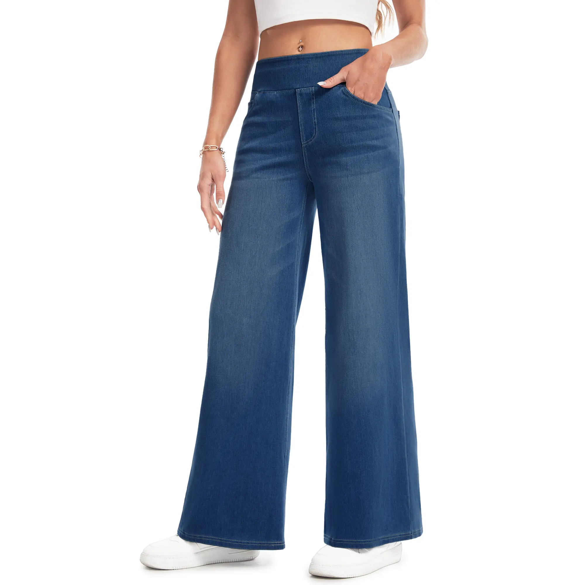 Women's Stretch Wide-Leg Jeans — Loose Fit, High-Waisted with Elastic Band