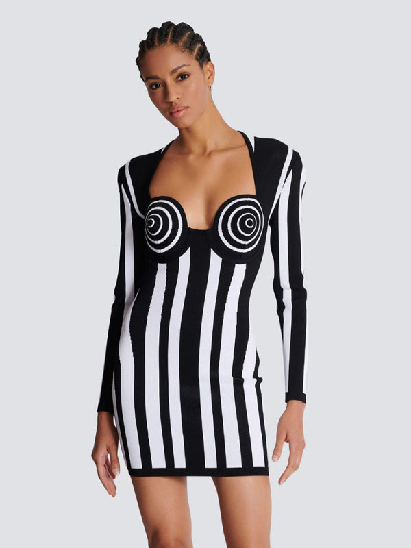 Black And White Vertical Striped Bandage Dress Party Dress