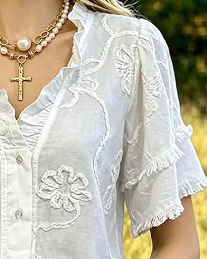 Women's Puff Sleeve Fringed Hem Blouse V Neck Button Regular Fit Casual Solid Spring Summer Top