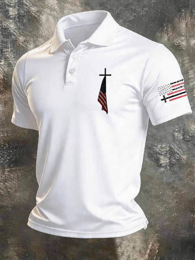Men'S Cross flag Print Casual Polo Shirt