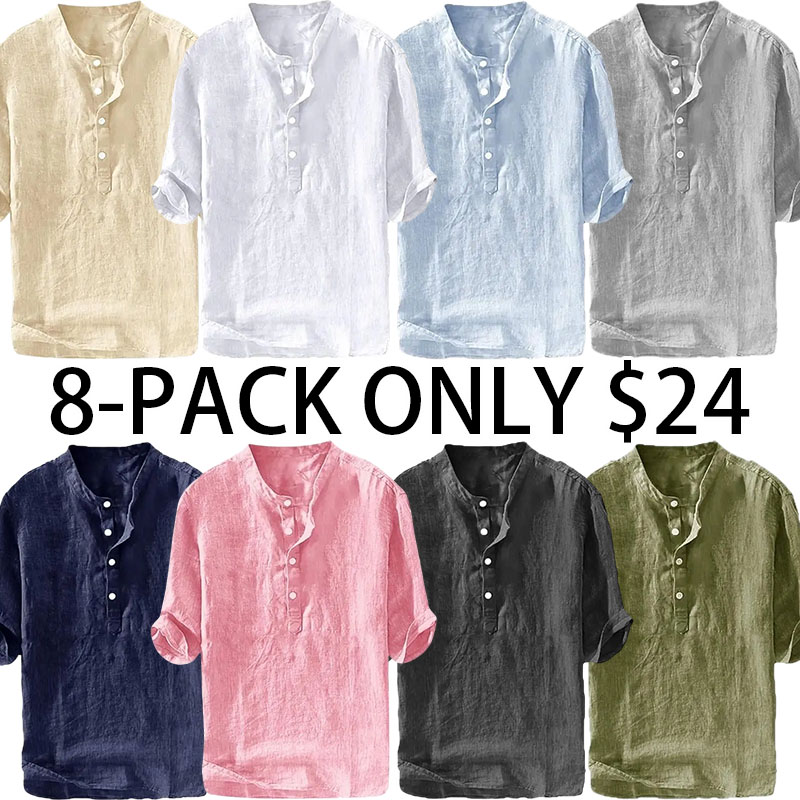 Mens 70% Cotton, 30% Linen Shirts Casual Cotton 3/4 Sleeve