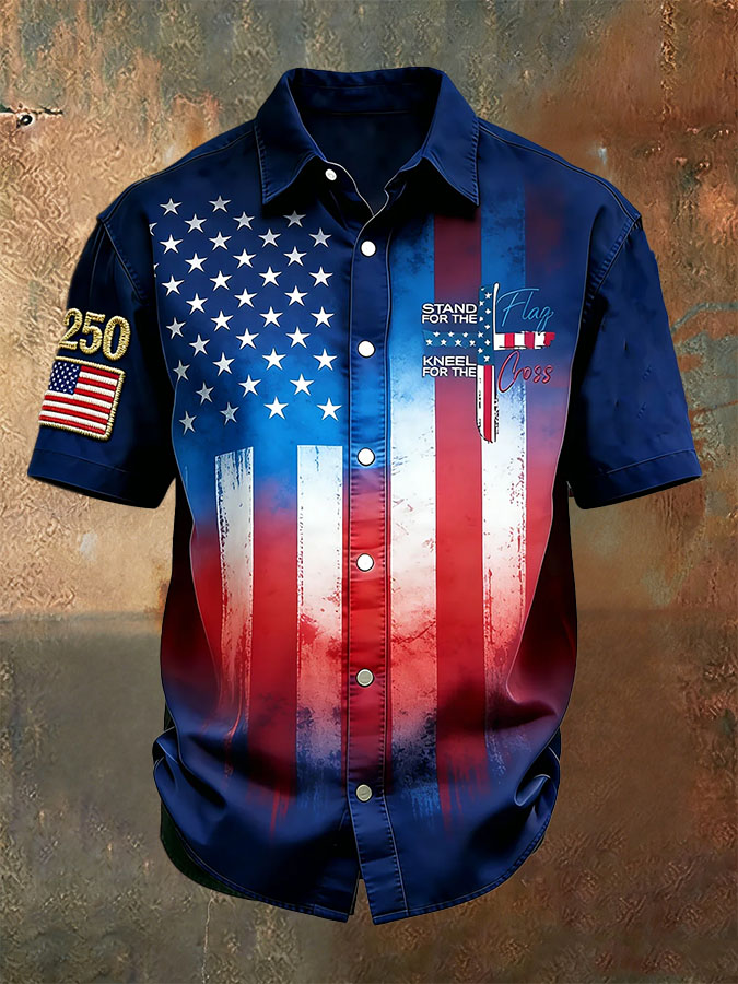 Men'S Casual Retro American Flag Art Independence Day Celebration Printed Shirt