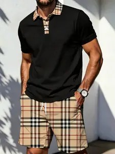 Men's Plaid Patchwork 2-Piece Summer Set – Polo Shirt & Matching Shorts, Casual Drawstring Waist with Pockets