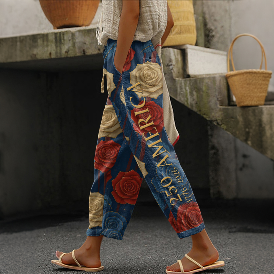 Women'S American Flag Independence Day Celebration Printed Cotton And Hemp Casual Pants