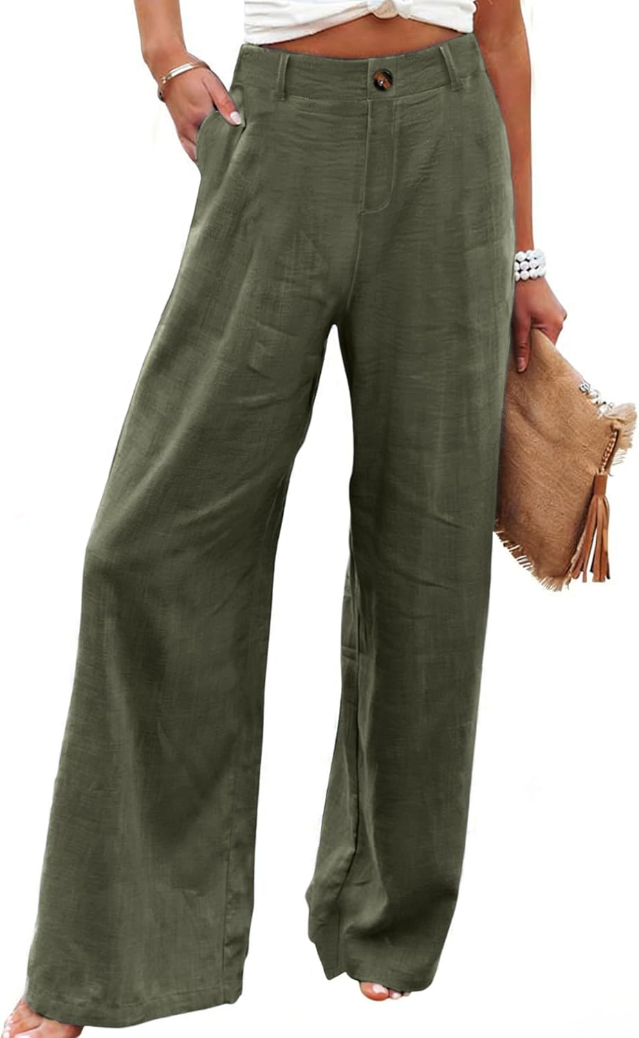 Womens Cotton Linen Pants Casual Button Up High Waisted Wide Leg Trousers