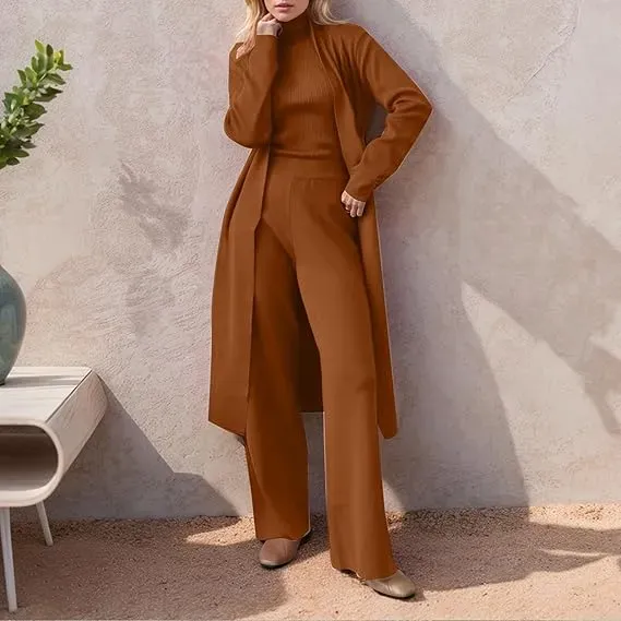 Three-Piece Set - Knit Turtleneck Tank & Wide Leg Pants With Long Cardigan