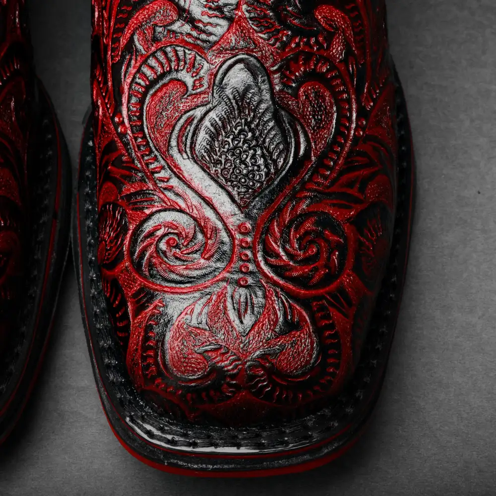 Black Cherry Hand-Tooled Leather Boots With 3D Lightweight Sole - Composite Toe