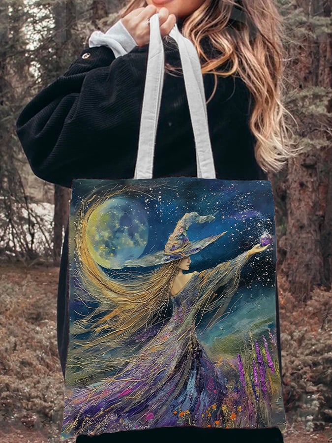 Witch And Flowers Under The Full Moon Art Print Canvas Bag