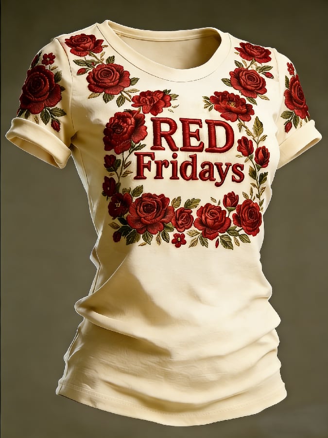Women's Casual Red Friday Print Short-Sleeve T-Shirt