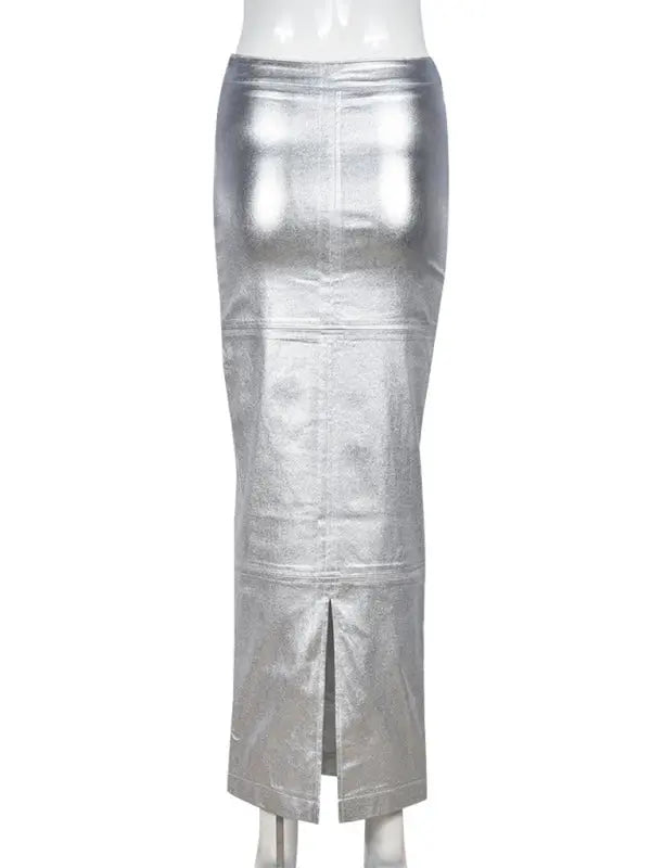 Spliced Slit Slim Fit PU Leather Maxi Skirt - xelpri