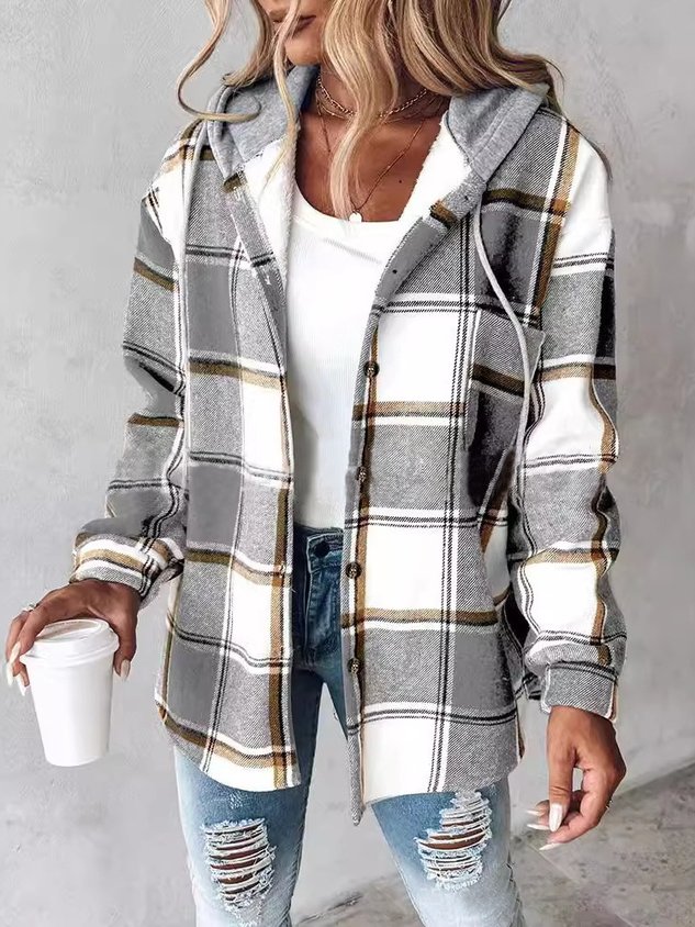 Urban Split Joint Color Block Women's Faux Wool Plaid Striped Jacket