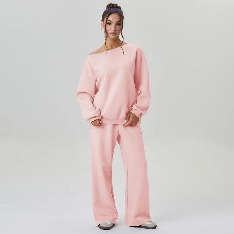 Women's Leisure Solid Color Sloping Shoulder Long Sleeve Top & Wide-Leg Trousers Set