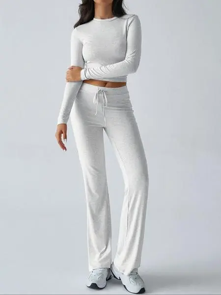 Two-Piece Set Women's Solid Color Long Sleeve Crop Tee & High-Waisted Drawstring Pants Set