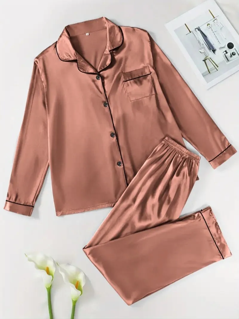 Two-Piece Set Women's Solid Contrast Binding Satin Pyjamas