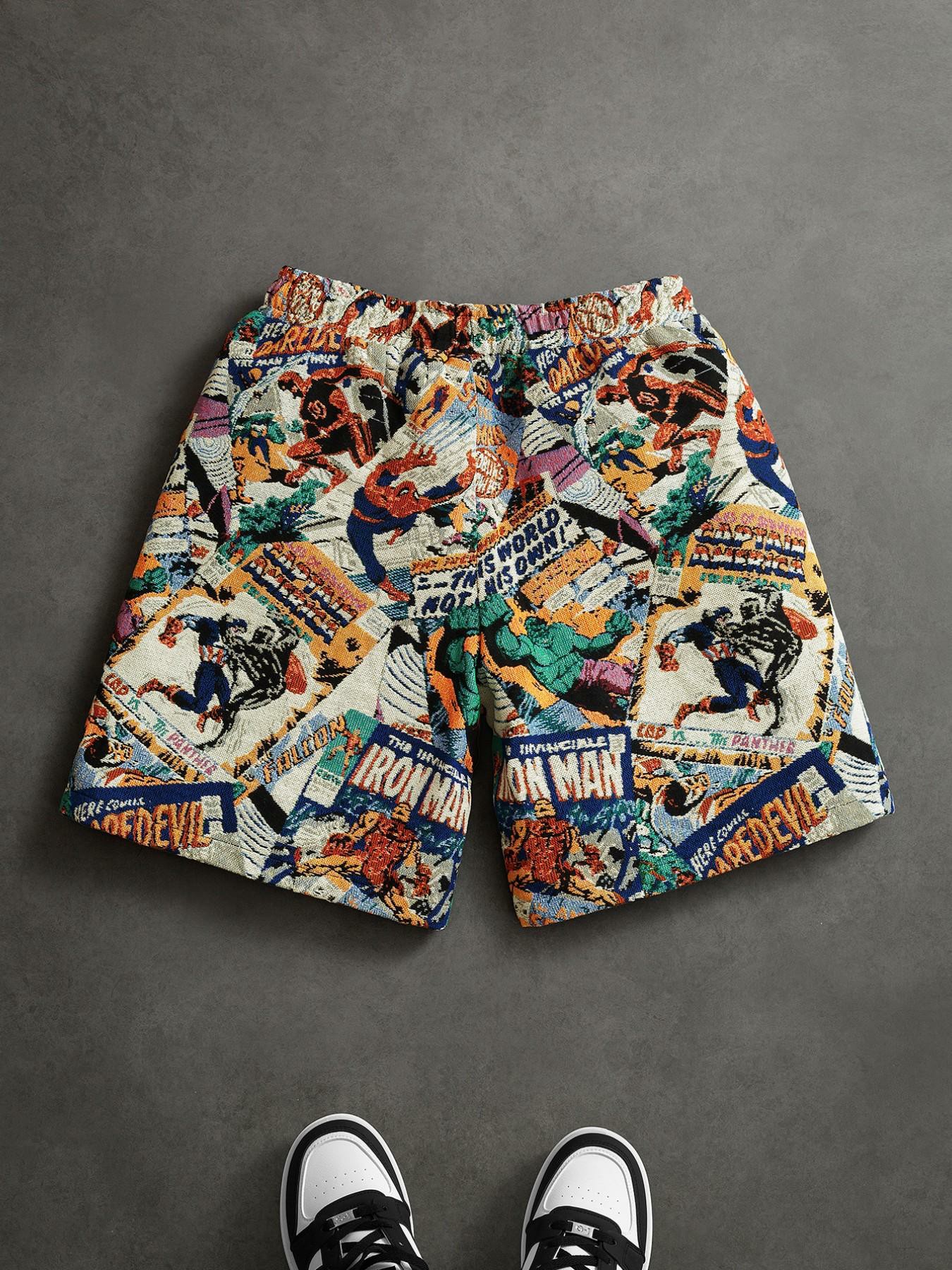 Men’s Retro Comic Print Shorts – Loose Fit Streetwear Summer Shorts