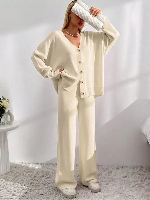 Women's  V Neck Cardigan & Elastic Waist Wide Leg Pants Two-piece Set