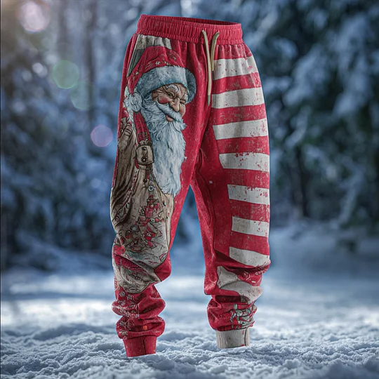 Men's Retro Christmas Santa Claus Stripes Print Loose Drawstring Waist Sweatpants