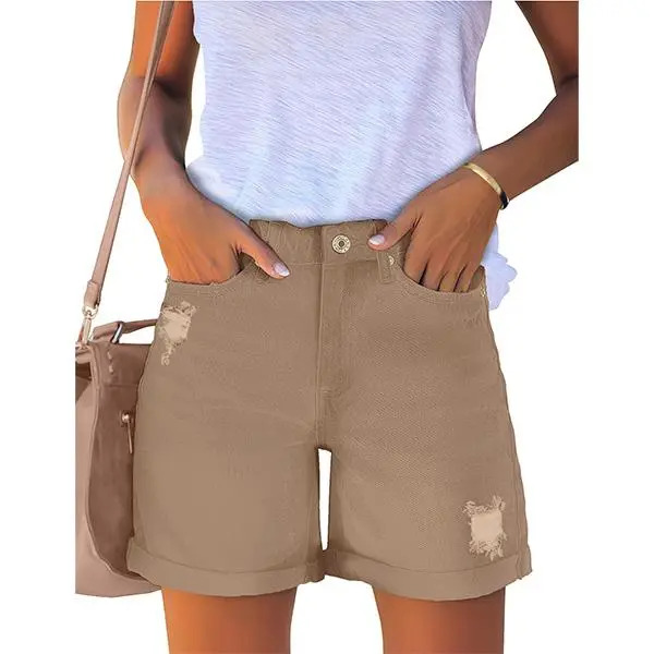 Women's Casual Distressed Denim Shorts – High-Waisted, Vintage-Wash, Cuffed Design