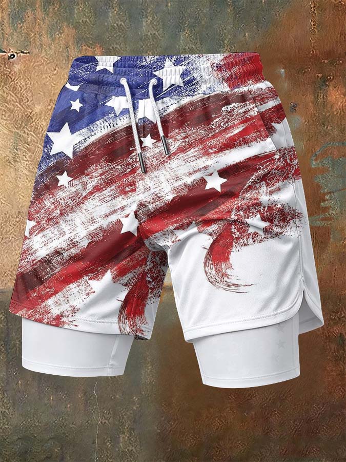 Men'S Independence Day Founding Celebration Printed Pattern Slim Fit Double Layer Sports Elastic Belt Quick Drying Breathable Shorts