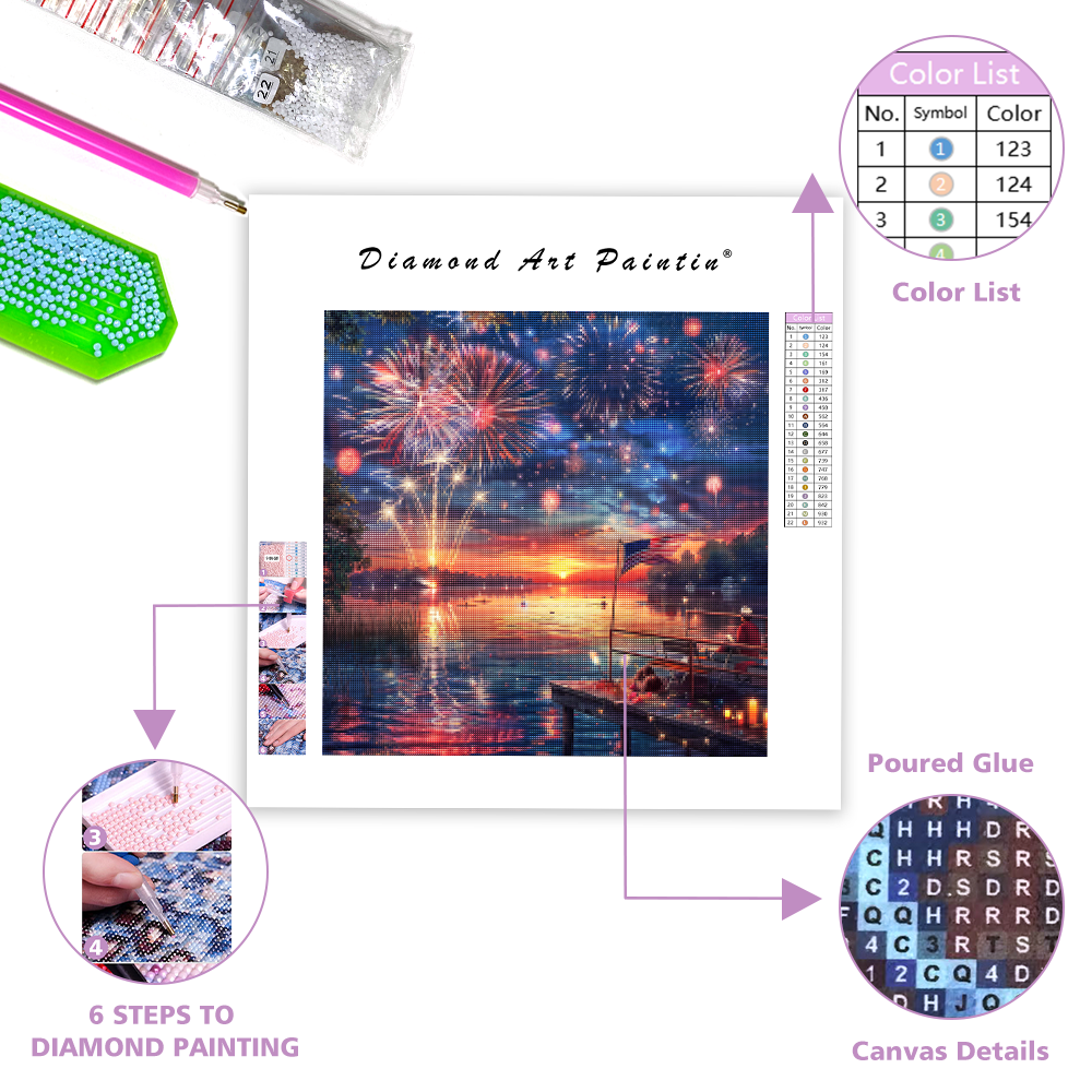 4th of July Fireworks Over Lake - Diamond Painting