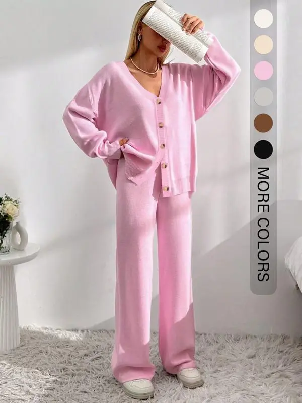 Women’s Button Front Knit Cardigan & Wide Leg Pants Two-Piece Set