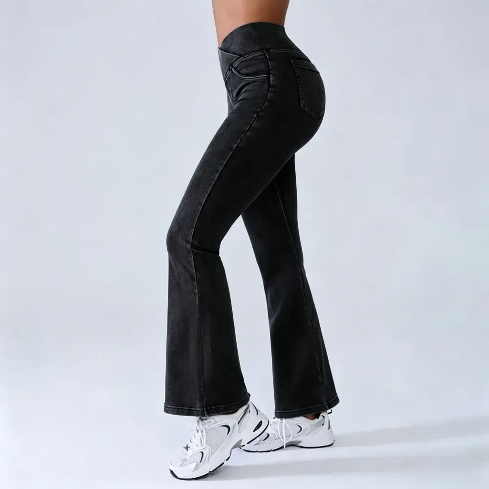 Women's High-Waisted Stretch Jeans with Crossover Design — Slim-Fit Flared Denim Leggings