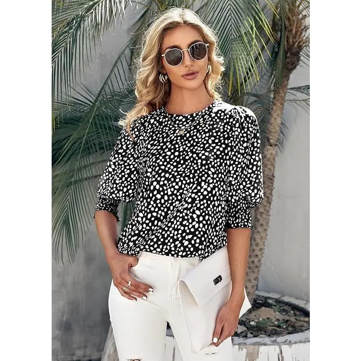 Women's Polka Dot 3/4 Sleeve Blouse Tops Ladies Casual Office Work Crew Neck T-Shirt
