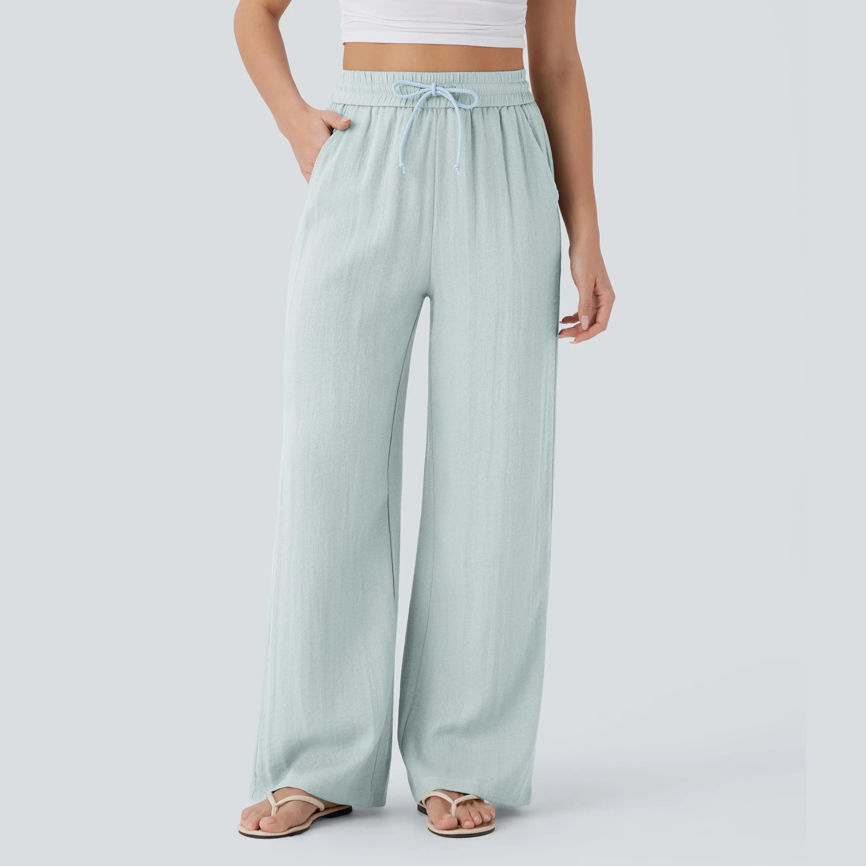 High Waisted Drawstring Pocket Wide Leg Casual Linen-Feel Pants