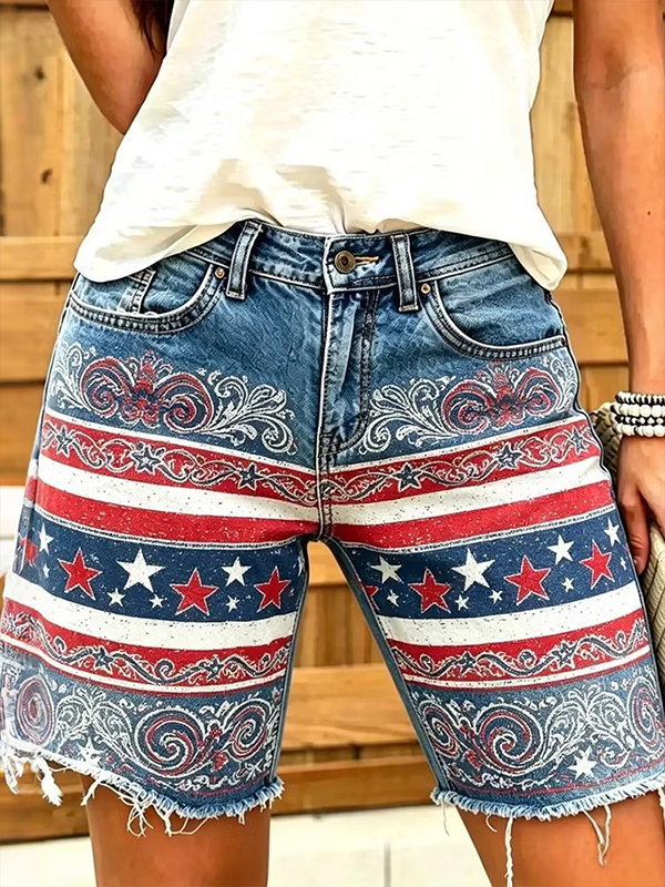 Women's Retro Floral Scrolls Stars Stripes Print Casual Shorts