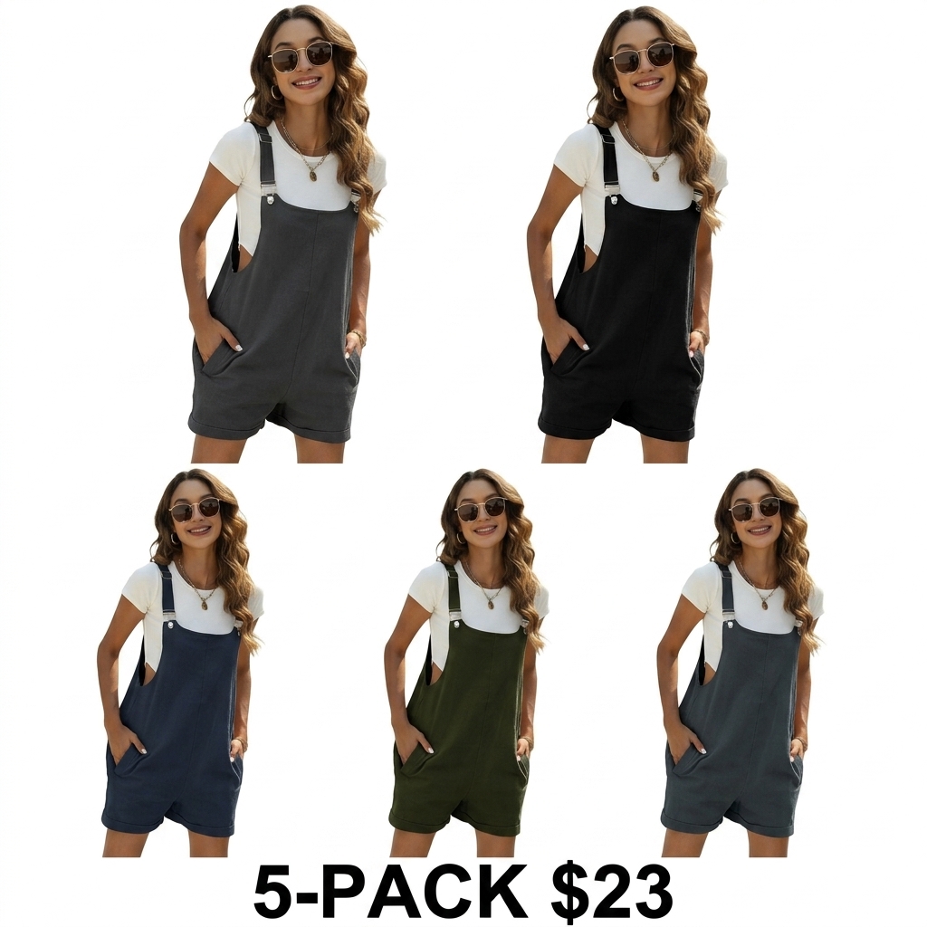 Women's Sleeveless Bib Shortalls – Cotton Linen Pinafore Overalls with Pockets & Adjustable Straps