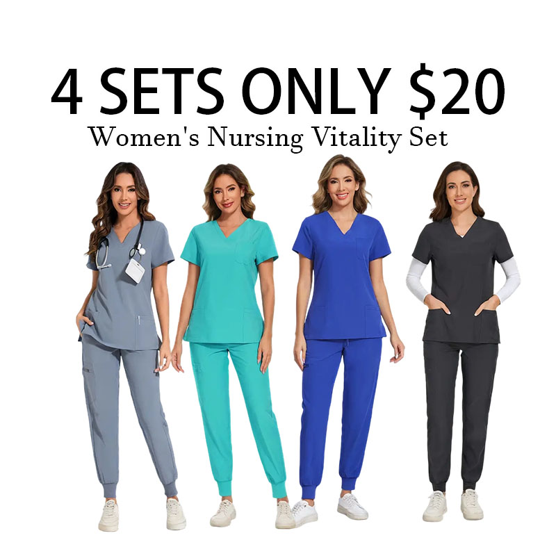 Women Stretch V-Neck Scrub Top & Jogger Pant Set   with 8 Pockets