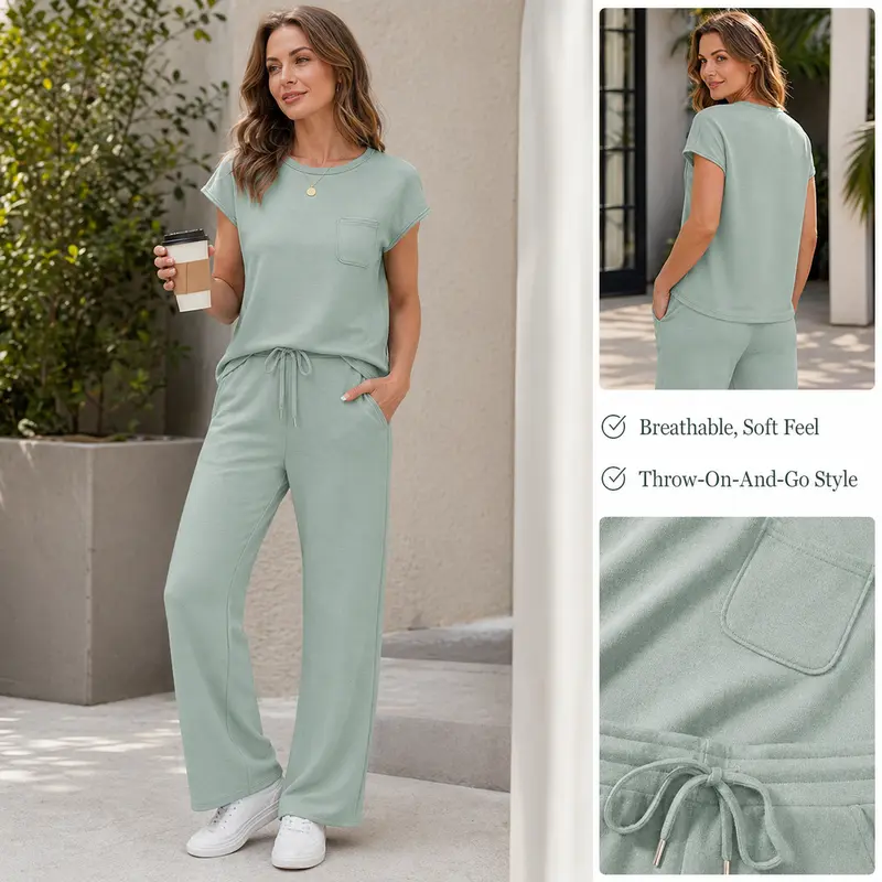 Women's 2 Piece Sets – Casual Summer Travel Vacation Outfits Cap Sleeve Lounge Set Chic Crewneck Soft Silky Breathable Clothes