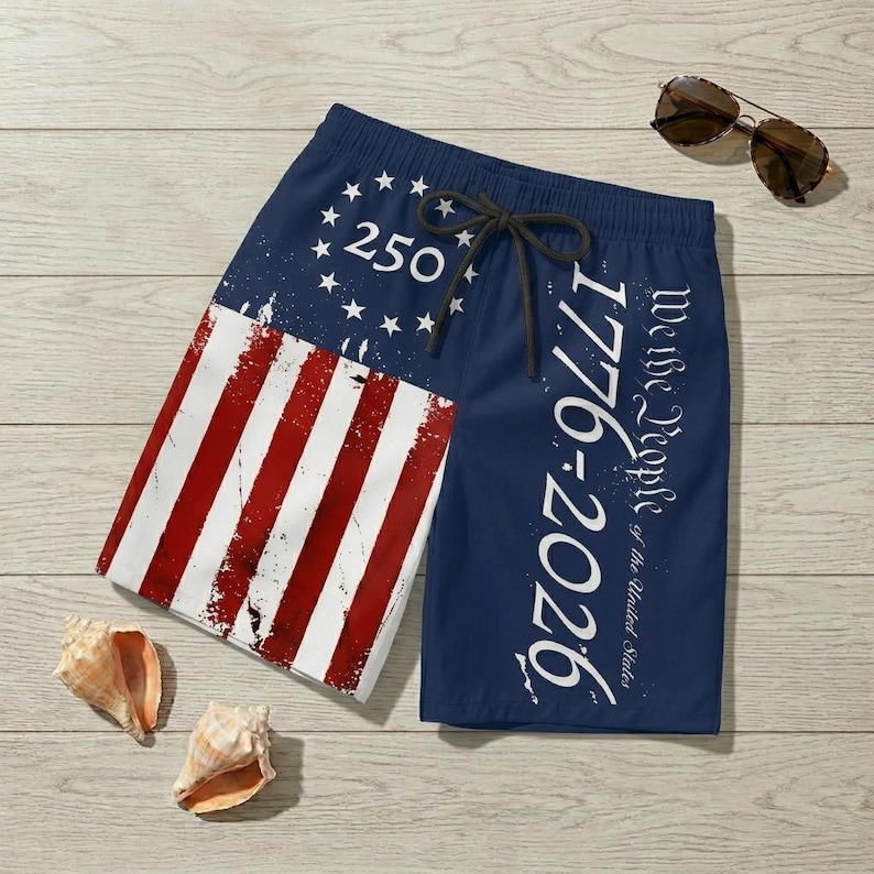 Patriotic American Flag Bikini and Swim Trunks Set, USA Stars Stripes Fourth of July Swimwear Outfit