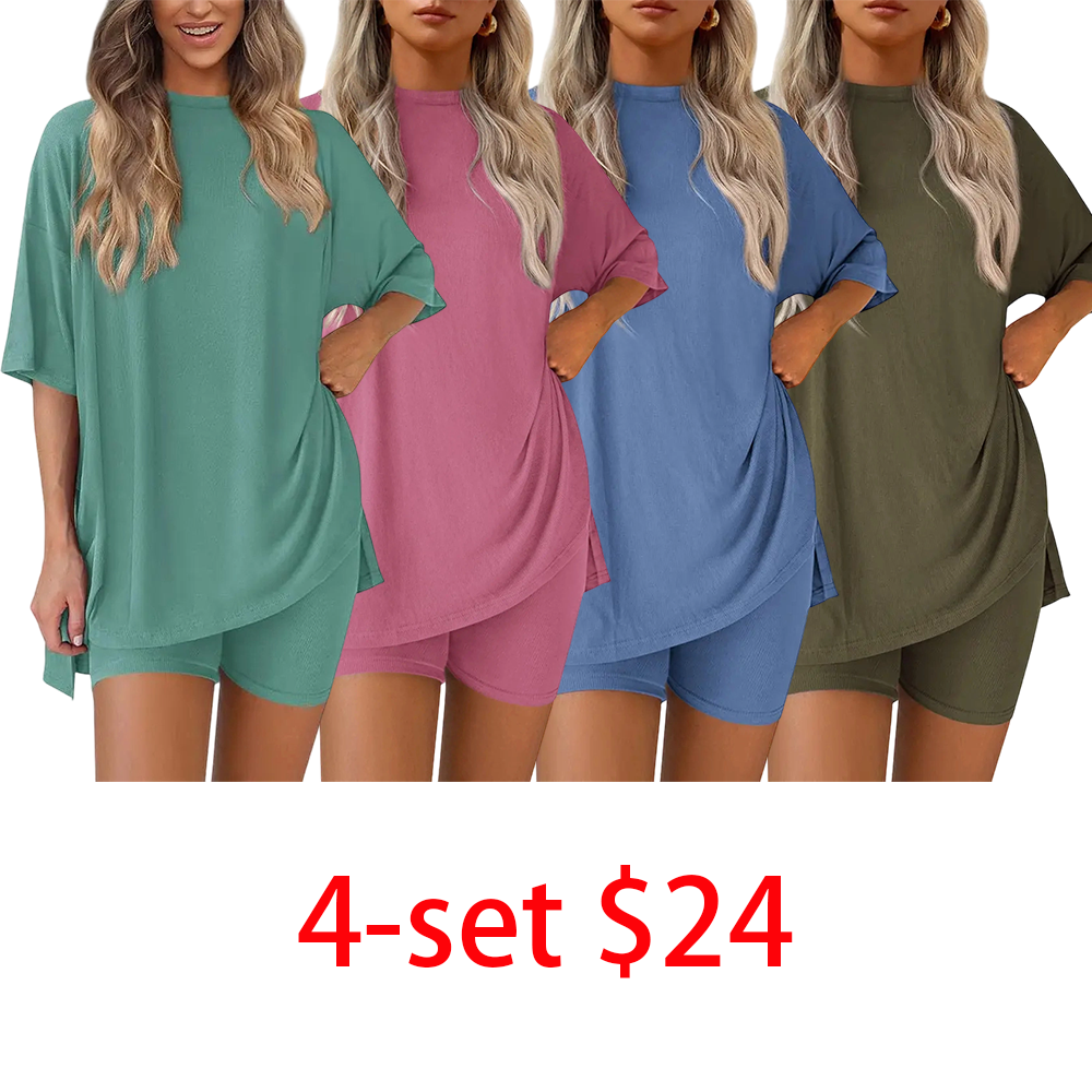 Last Chance! 4 Sets for $24 – Today Only! Women's Crewneck Two-Piece Set – Oversized Split Hem Shirt & Side Pocket Biker Shorts Soft Viscose Lounge Wear Pajamas