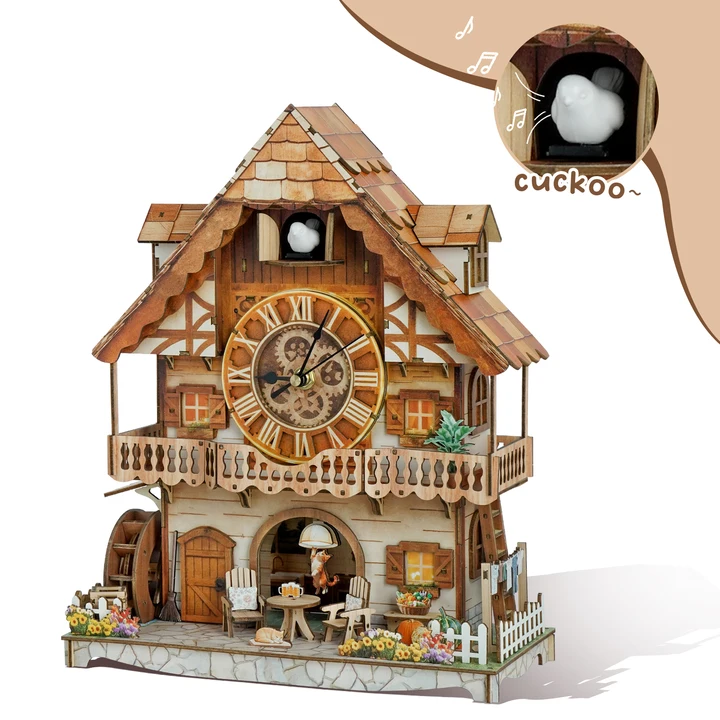 Cuckoo Calling German Cottage DIY Wood Clock, 3D Puzzle Kit