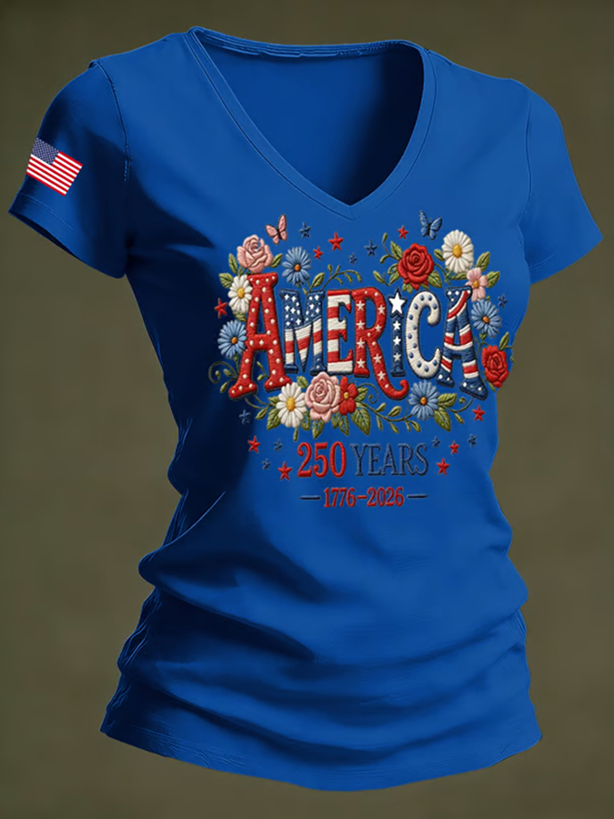 Ladies' Casual US National Day Embroidered Floral Print V-Neck Short Sleeved T-Shirt