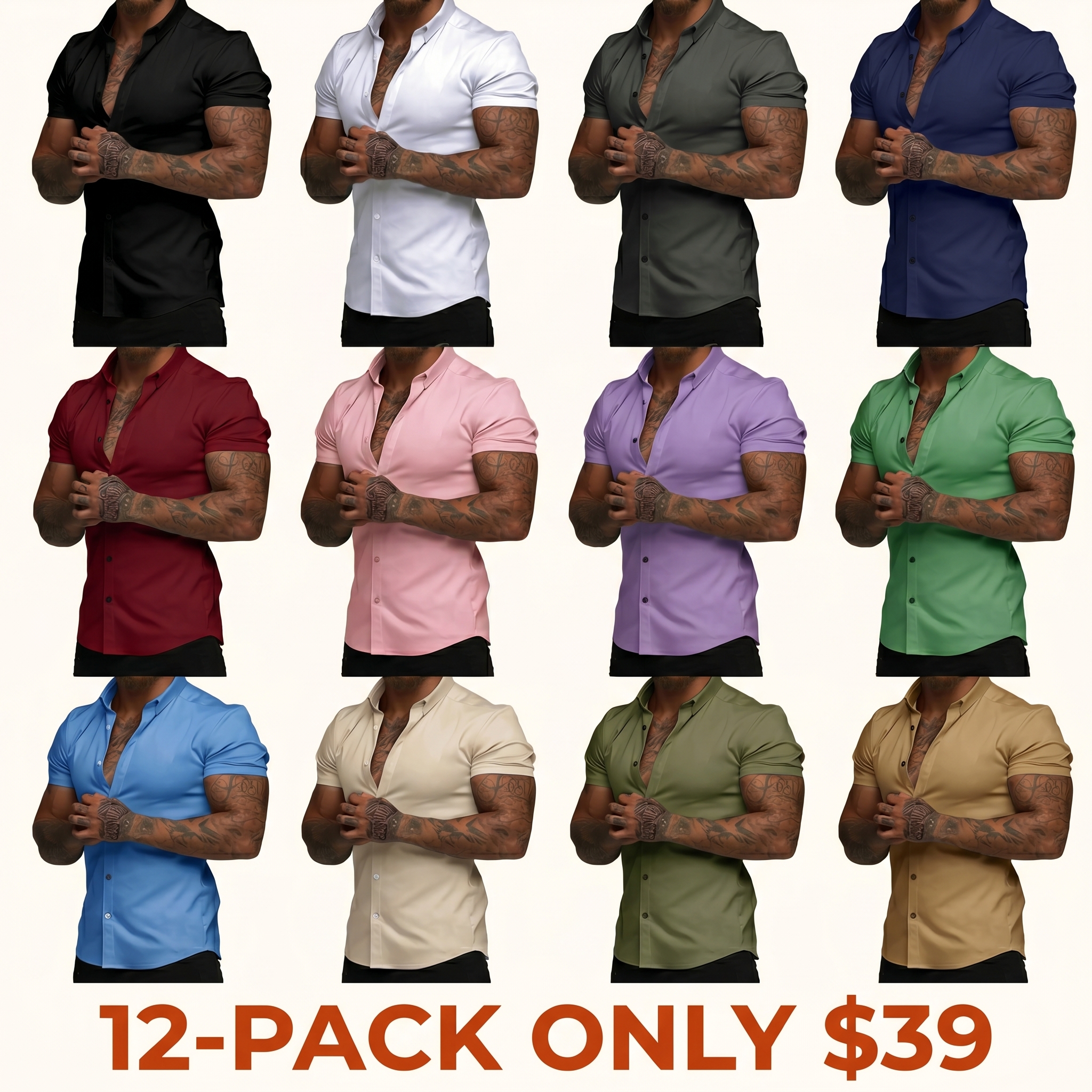 Mens Muscle Fit Dress Shirts Casual Button Down Shirt Short Sleeve Wrinkle-Free Shirts